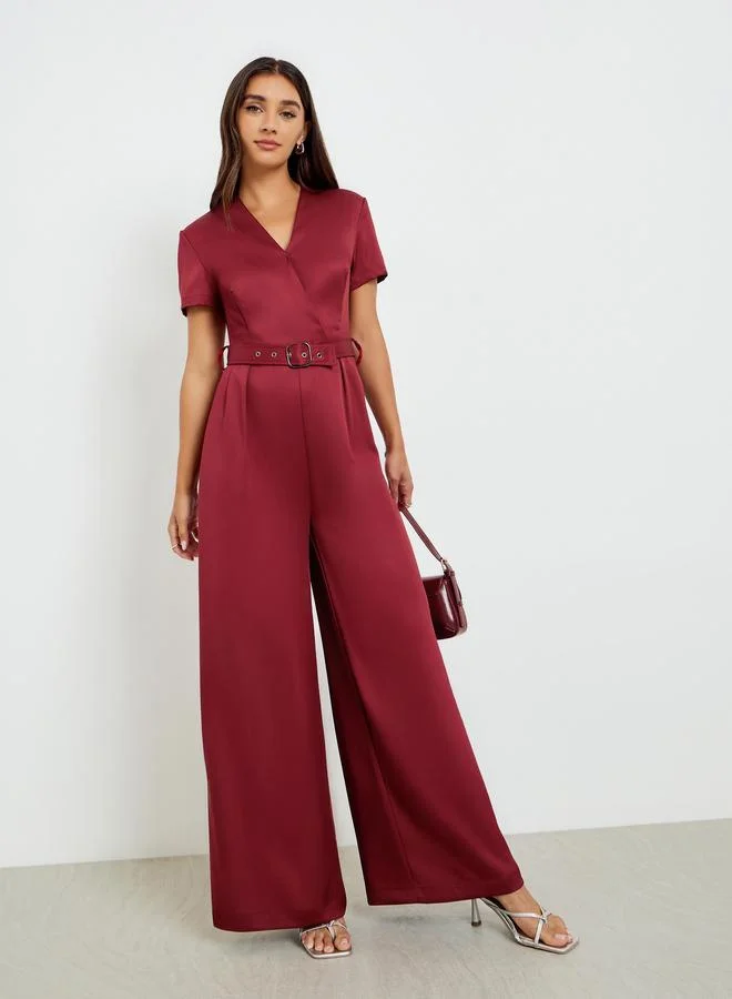 Women Burgundy Belted Wide Legged Jumpsuits